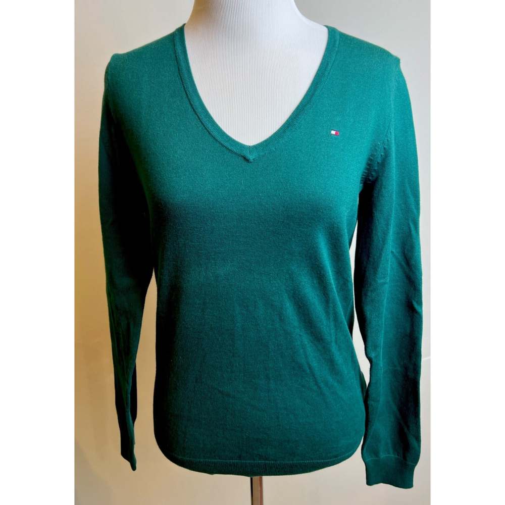 Tommy Hilfiger Women V Neck Pullover Sweater Green Pima Cotton Nylon